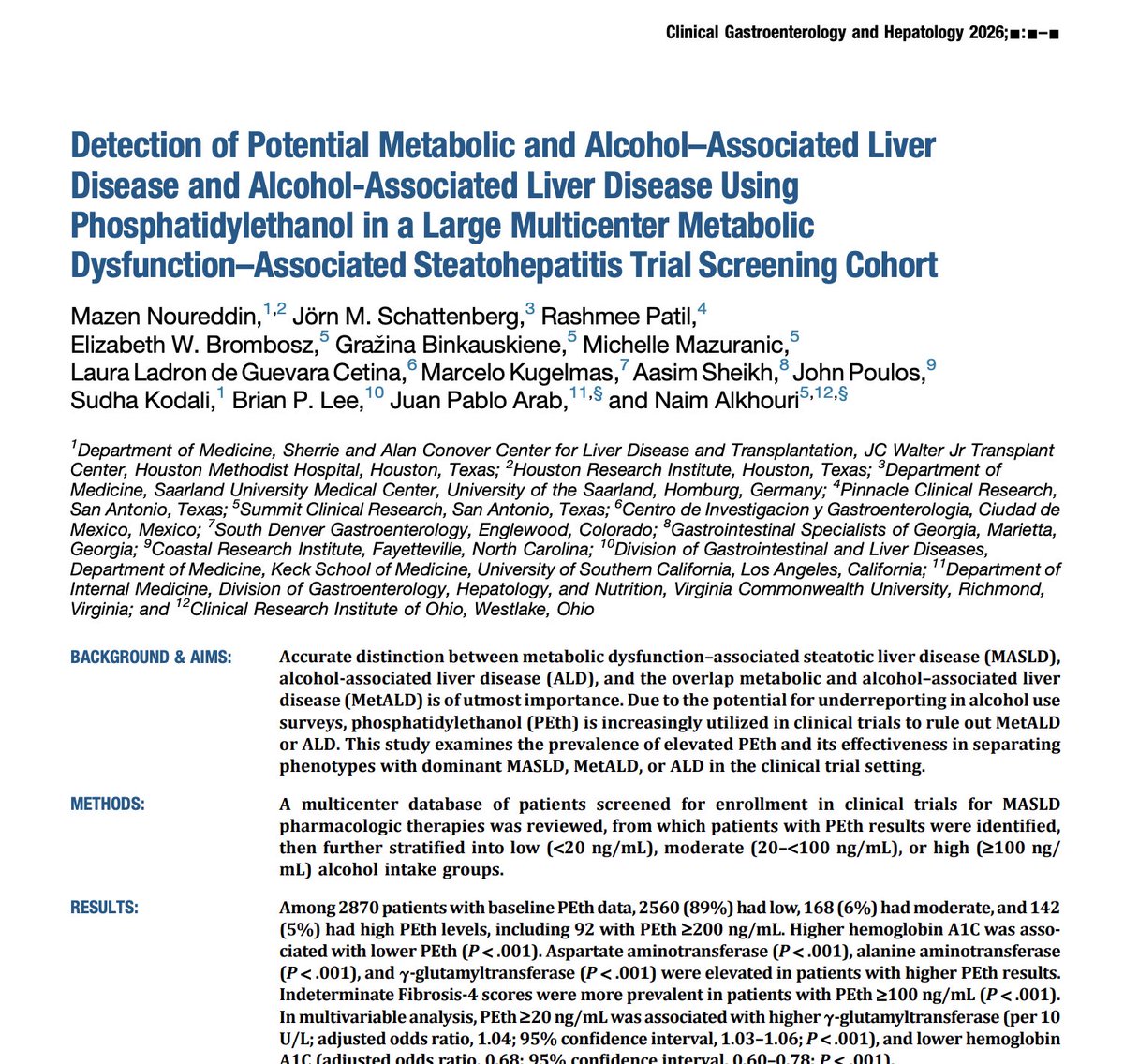 juanpabloarab's tweet photo. In our @AGA_CGH study of 2,870 people screened for MASH trials, 11% had PEth ≥20 ng/mL—warranting evaluation for possible MetALD or ALD. Better alcohol assessment could improve trial selection and interpretation.
https://t.co/SqWvGRRfCn
#MASH #MetALD #ALD https://t.co/dRuQbFcR43
