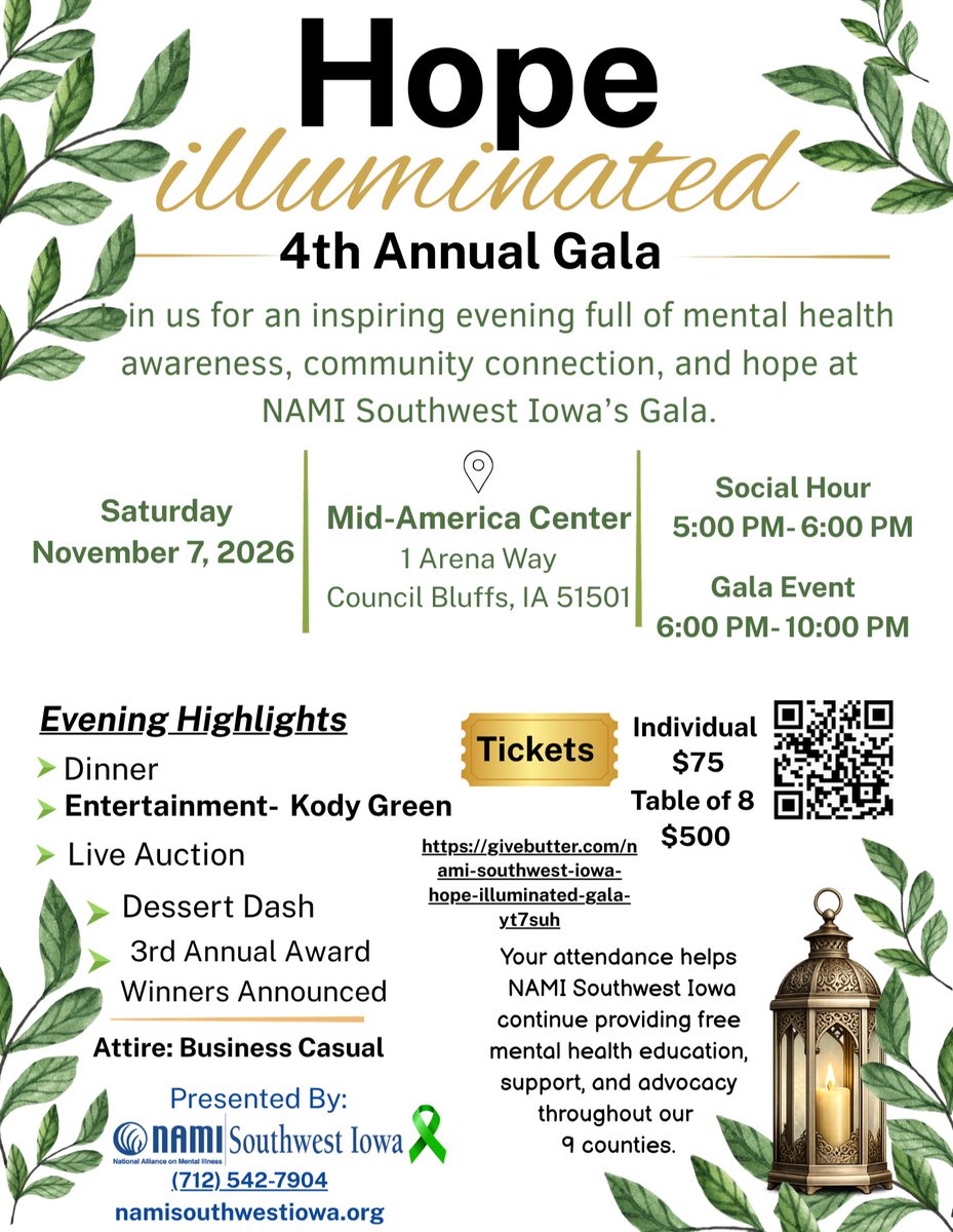 BackAtTheMac's tweet photo. 🌟 SAVE THE DATE 🌟

Join NAMI Southwest Iowa for an evening of hope, connection, &amp; impact. Enjoy dinner, entertainment by Kody Green, &amp; more while supporting mental health education, advocacy, &amp; support services across Southwest Iowa.

More information 👉 https://t.co/wh5FgEIwcK https://t.co/elvZNZ9sju