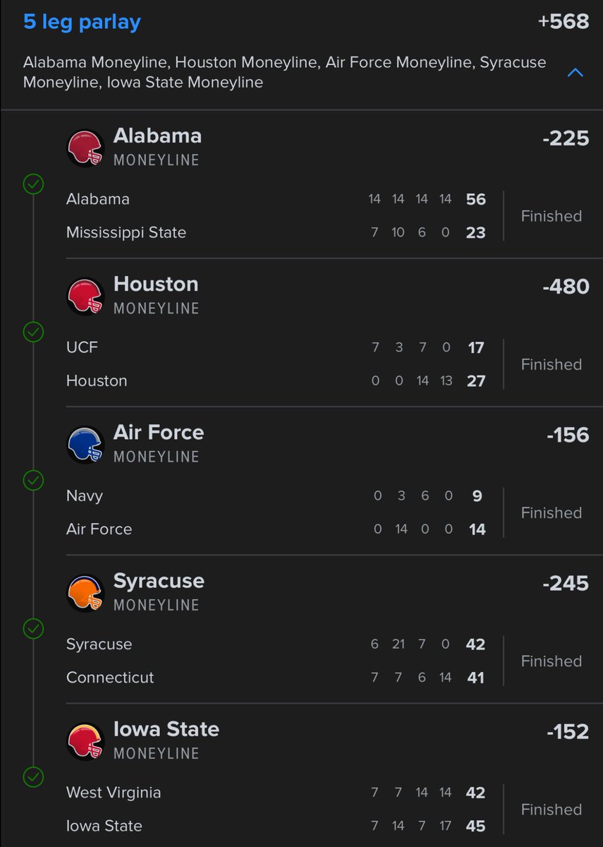 nazeaster's tweet photo. I’m a man of my word. $1,500 to one person that likes this tweet… we actually swept the board 😅✅✅✅✅✅✅

All glory to god man 🙏 we did it!

Alabama ML✅
Houston ML✅
Air Force ML✅
Syracuse ML✅
Iowa State ML✅

$12 bets: https://t.co/9M4XbJQpZl https://t.co/N5NzaTcfrd
