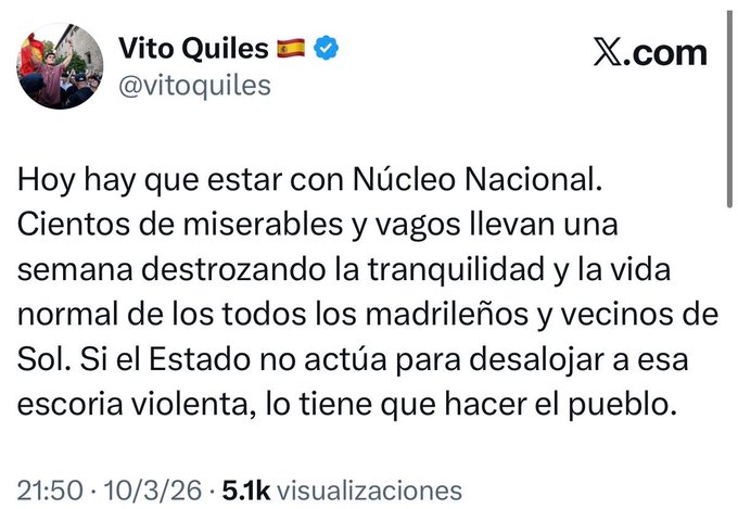 Apu_elrojo's tweet photo. Este tuit lo tiene todo (lo malo):

Dice que hay que apoyar a los nazis, insulta a la gente que se manifiesta pacíficamente, miente diciendo que destrozan la tranquilidad de unos vecinos que no se han quejado y llama a la violencia contra el pueblo, al que llama "escoria violenta".

Este imbécil tiene casi 600k de seguidores y es un peligro público.