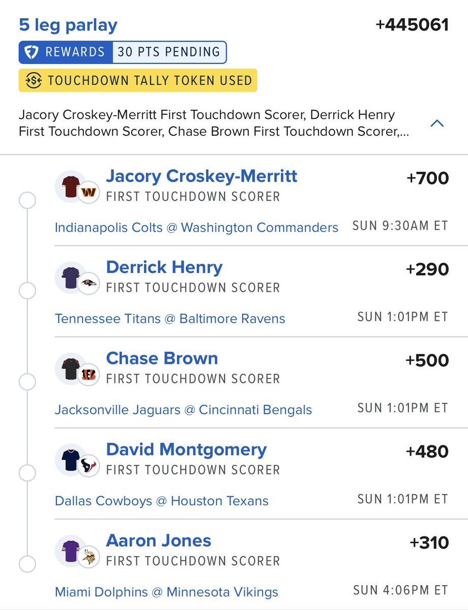 Zer0ChanceBets's tweet photo. Here’s my 5 man FT FFT ATD Scorer lotto parlay for Sunday!
GL if tailing.
🤞🏽🍀🚀🌕🏈💣
Anytime Touchdown Scorer
First Touchdown Scorer
First Team Touchdown Scorer
#nflbets #fanduel #gamblingx #gamblingtwitter #anytimetds #firsttds #firsttouchdown https://t.co/1jfI2AU2wN