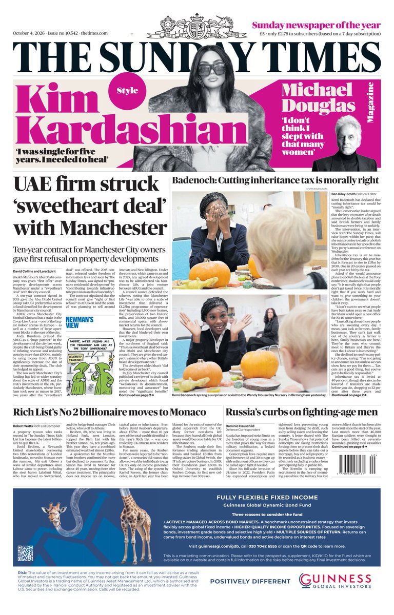 AndyGibsonTV's tweet photo. "UAE FIRM STRUCK 'SWEETHEART DEAL' WITH MANCHESTER"
@MISHTAL / @Lara_Spirit for @TheTimes
Sheikh Mansour's Abu Dhabi company was given first refusal on Manchester land under a 2015 deal.
Now under scrutiny after Manchester City’s scandal.
#SundayTimes
#TomorrowsPapersToday