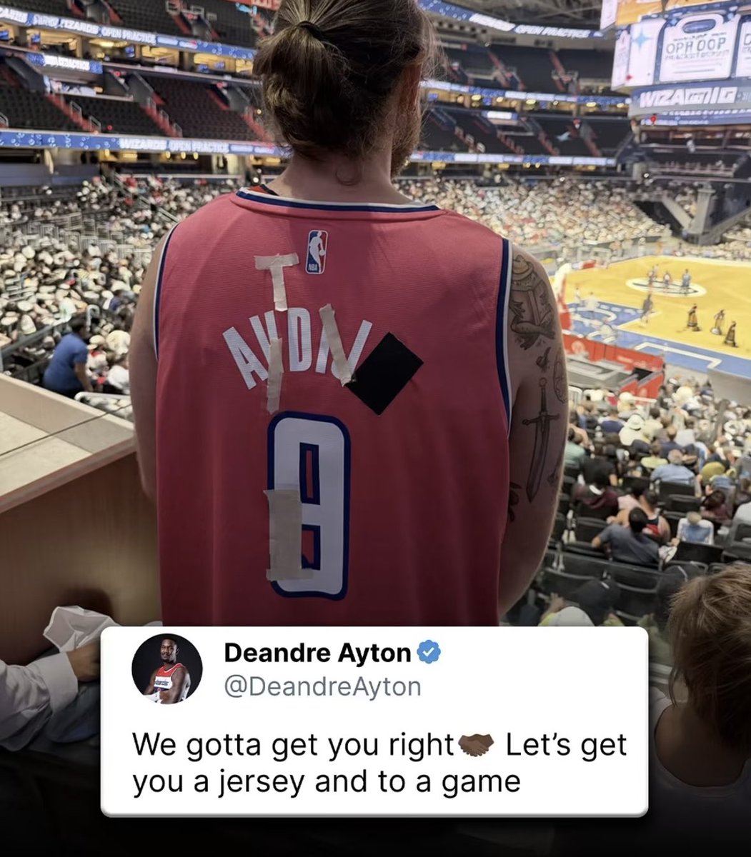 CameronVarelli's tweet photo. Deandre Ayton offered a Wizards fan a new jersey and a trip to a game after seeing him turn an old Deni Avdija No. 9 jersey into an Ayton jersey. The same fan had also converted a Russell Westbrook No. 4 jersey into an AJ Dybantsa jersey. https://t.co/UUNNwTnMmi