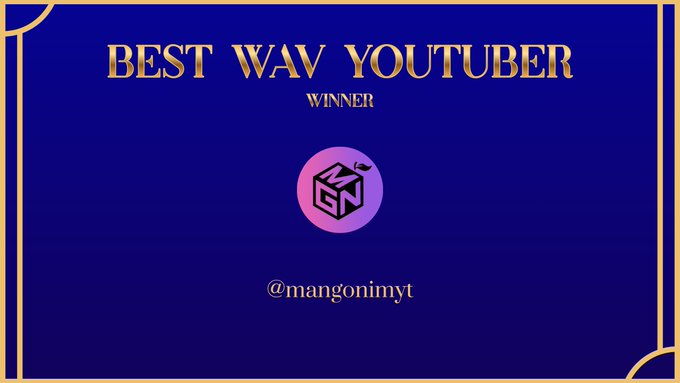 A dark blue award graphic with gold text reading 'BEST WAV YOUTUBER WINNER' and the username '@mangonimyt' displayed below a cube logo.
