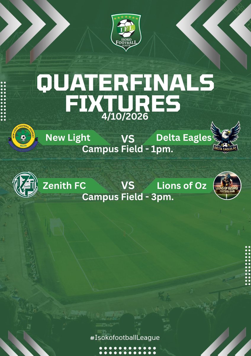 IsokoFootball's tweet photo. #HereWeGo 
We have our first two Semifinalists today.
Royal Eagles of Oleh 
Wonderers of Abraka

More action tomorrow.

#Isoko 
#IFL2026 
#IsokoFootballLeague
#Nationsleague https://t.co/YCIwTyYnaP
