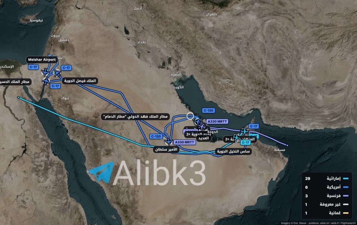 Kaboos_999's tweet photo. خلال آخر 24 ساعة، رُصدت 122 طائرة عسكرية في المنطقة، بينها 10 طائرات نقل وصلت من خارجها،منها 6 أميركية و3 فرنسية وواحدة غير معروفة، إضافة إلى 30 طائرة نقل عسكري إقليمي و42 طائرة تزود بالوقود و10 طائرات تجسس 

المنطقه على كف عفريت وقادمه على حرب لاتبقي ولاتذر تغير خريطة المنطقه https://t.co/mfvoCwIbLW