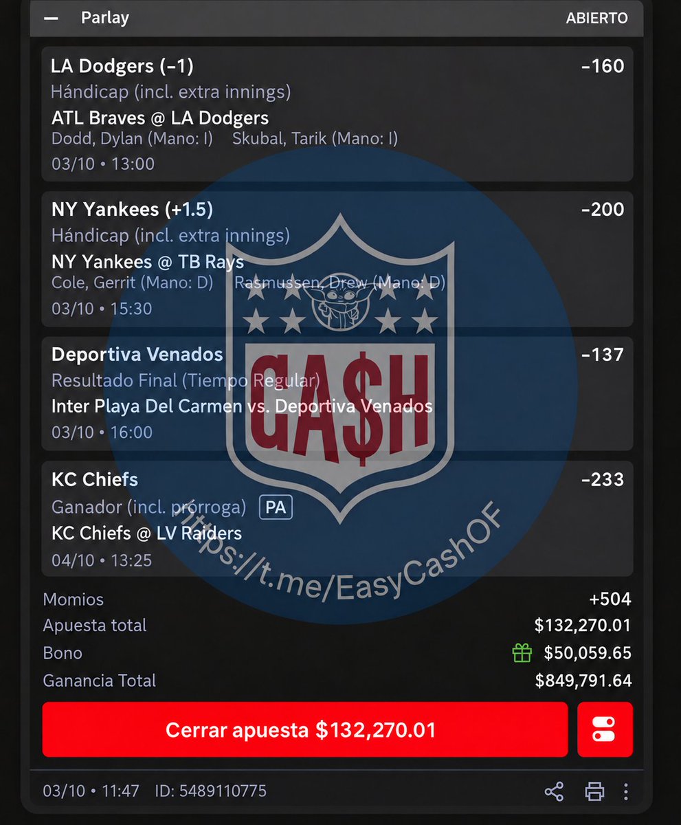 AdrianoPicks_MX's tweet photo. ⚾ @Dodgers vs @Braves
⚾ @RaysBaseball vs @Yankees
🏈 @Raiders vs @Chiefs 

🚨 𝗣𝗜𝗖𝗞 𝗗𝗘 𝗚𝗔𝗟𝗟𝗜𝗧𝗢 𝗩𝗜𝗣 🚨
💣 Parlay +504 | $132,270 en juego
Buscamos cobrar $849,791.64 👀
🎁 Más apuestas 𝗚𝗥𝗔𝗧𝗜𝗦 👇
https://t.co/TJscdKT9zd
#GallitoVIP https://t.co/XzIIBRvWRj