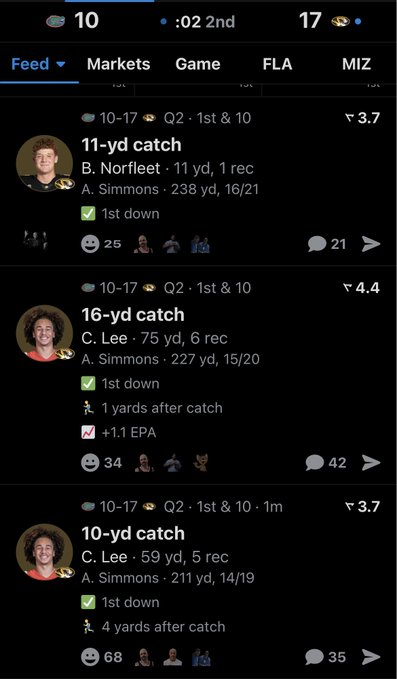 A sports betting app showing live game feed with scores (10-17) and play details including '11-yd catch' by B. Norfleet and '16-yd catch' by C. Lee.