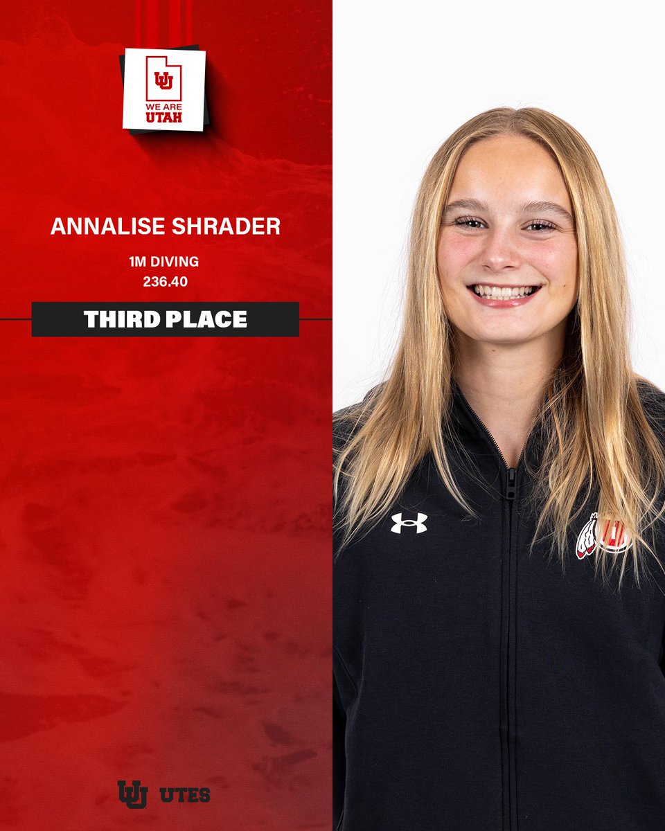 UTAHswimdive's tweet photo. SWEPT IT 🧹

Utes own the podium and all place top 10 in the 1m dive! #GoUtes 

1. Sarah Kaufman - 240.60
2. Cierra Cole - 238.60
3. Annalise Shrader - 236.40
6. Finlee Sharp - 208.20
10. Callie Eagleston - 182.70 https://t.co/fsIkhOo4Ue