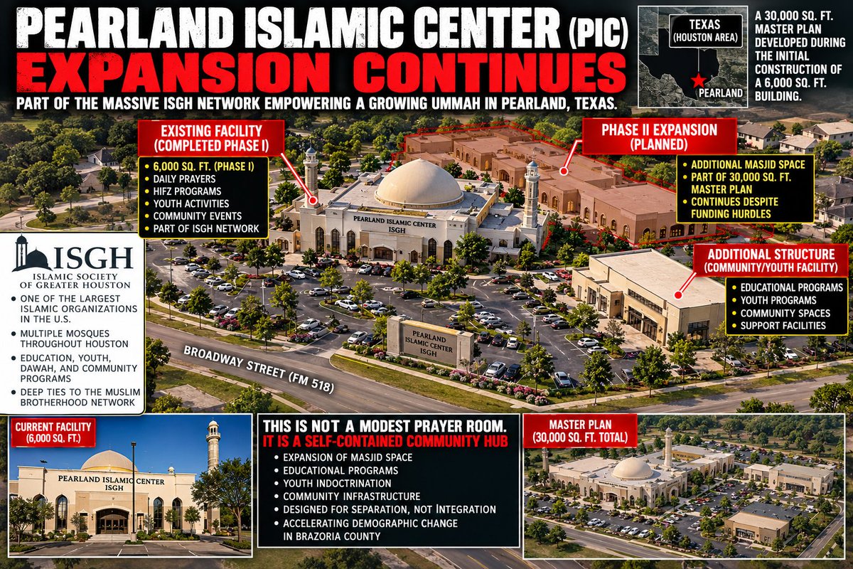 AmyMek's tweet photo. 🚨 PEARLAND, TEXAS HAS BEEN SELECTED FOR MASSIVE ISLAMIC EXPANSION - AND NOW A SECOND PROJECT IS EMERGING

We already exposed Shadow Creek Muslim Community Center's 3.3-acre expansion: a $4.5 million project with expanded prayer halls, playgrounds, sports fields and gathering spaces. More than $2.5 million has already been raised.   

NOW LOOK JUST DOWN THE ROAD.

Pearland Islamic Center (PIC) is pursuing its own expansion and this mosque belongs to the much larger Islamic Society of Greater Houston (ISGH) network.

PIC completed a 6,000-square-foot Phase I and has continued pursuing Phase II for additional mosque space as part of a 30,000-square-foot master plan conceived during the original development.

It already operates daily prayers, Quran memorization, youth activities and community programs.    Pasted text
But the organization behind it is the bigger story.

According to the ISGH governing documents examined in our report, the organization's stated objective includes “establishment of the Islamic System of life.”

Its code of ethics requires members to respect the obligatory commands of Islamic Law - Sharia. 

Candidates for its governing board must affirm they are “obedient to Shariah” and do not place human decisions above the Quran and Sunnah.   

ISGH also maintains a Fatwa Council dealing with Islamic legal rulings.    

TEXAS - FOLLOW THE NETWORK.

Yasir Qadhi's father, Dr. Mazhar Kazi, helped establish the University of Houston Muslim Students Association and later became a founding member of ISGH.

The institutional trajectory matters:

MSA → ISGH → MOSQUE NETWORK → 30,000-SQUARE-FOOT PEARLAND MASTER PLAN.

And today his son Yasir Qadhi leads EPIC, another major Texas Islamic mini-city.

PIC's footprint also extends beyond worship. Its former imam Daniel Hernandez conducted extensive conversion outreach to Hispanic communities and worked with IslamInSpanish. This is the same Mosque that we exposed hosting/indoctrinating Texas public school children. 

Its parent organization, ISGH, operates prison outreach involving Islamic literature, religious education, and prayer services; your investigation documents thousands of Qurans and books distributed through that effort. They are even recruiting in Texas prisons. 

And the political infrastructure is already visible: in April 2026, Pearland Islamic Center hosted a Brazoria County candidate forum inside the mosque. 

TWO MAJOR ISLAMIC EXPANSIONS. ONE TEXAS CITY.

One is building a 3.3-acre multimillion-dollar campus.
The other sits inside a major Houston mosque network and has a 30,000-square-foot master plan.

Texas needs to stop viewing these developments as isolated buildings and start examining the networks, financing, leadership, and institutional infrastructure that connect them.

See the ful report: https://t.co/p1E6qQsUyH