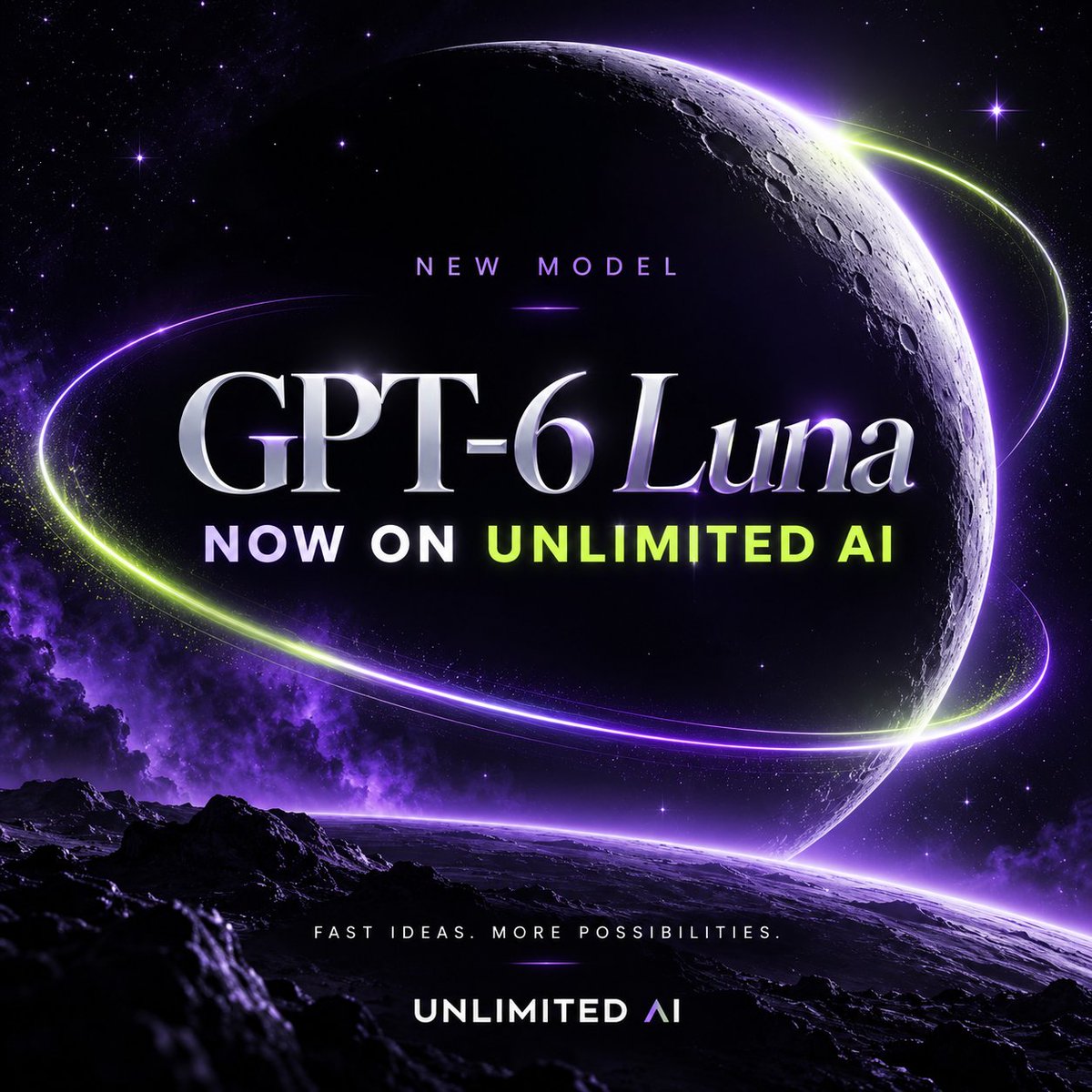 FreeAIPlatform_'s tweet photo. GPT-6 Luna is now on Unlimited AI 🌙 Select it in the model menu for writing, ideas, summaries and everyday questions. OpenAI calls Luna its most efficient model for focused, high-volume tasks. Try it at https://t.co/rXkc1Kd7o0. Independent platform. #GPT6 #UnlimitedAI https://t.co/Q5jHpPLex3