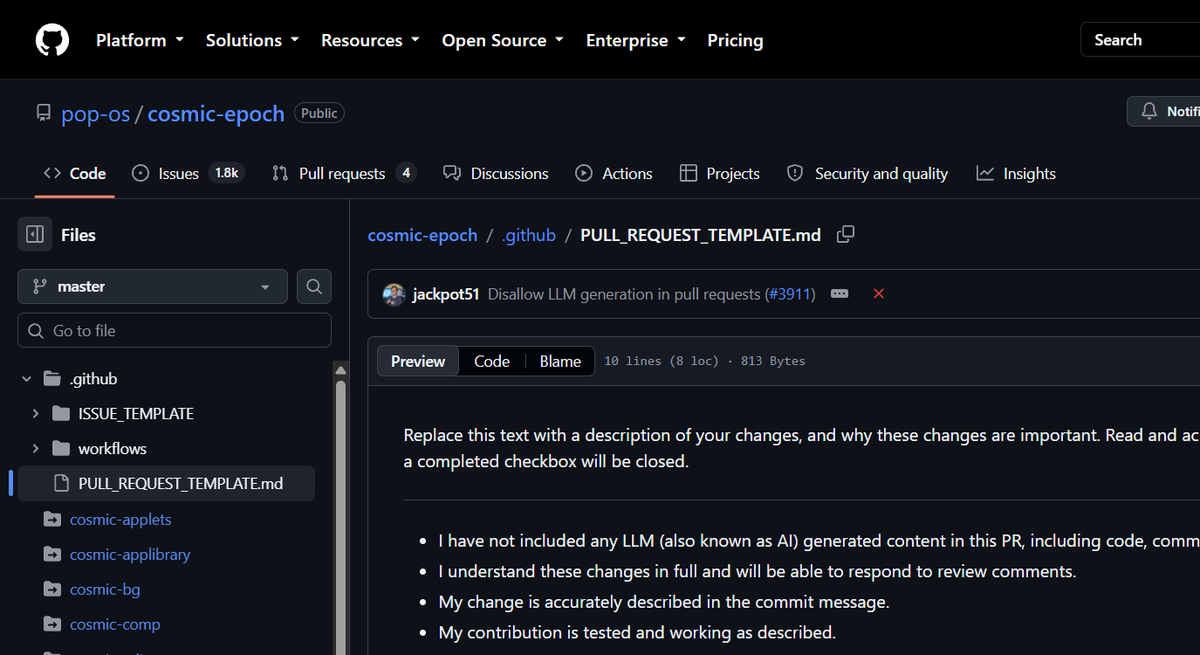 Secretof_forest's tweet photo. System76's COSMIC desktop now requires contributors to certify a PR contains no LLM-generated content - code, comments or descriptions. It covers Pop!_OS repos and issues; cosmic-flatpak is exempt. Maintainer Jeremy Soller cited review load.

https://t.co/B8WhqA4QKY https://t.co/Bq82oan9Xu