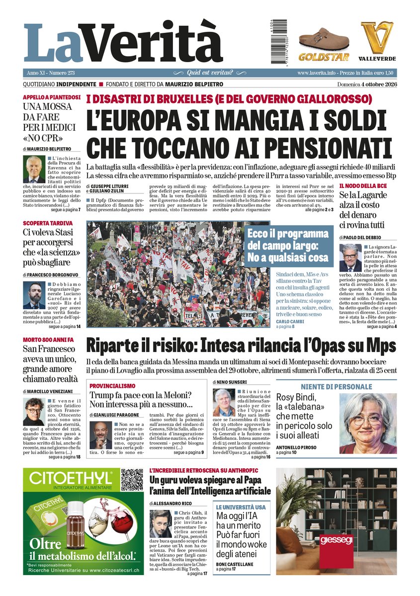 LaVeritaWeb's tweet photo. #LaVeritàdioggi

L'Europa si mangia i soldi che toccano ai pensionati

🗞️ Ecco il programma del campo largo: no a qualsiasi cosa
🗞️ Se la Lagarde alza il costo del denaro ci rovina tutti
🗞️ Intesa rilancia l'Opas su Mps

https://t.co/abhTBtaA7T https://t.co/62g4ccVIki