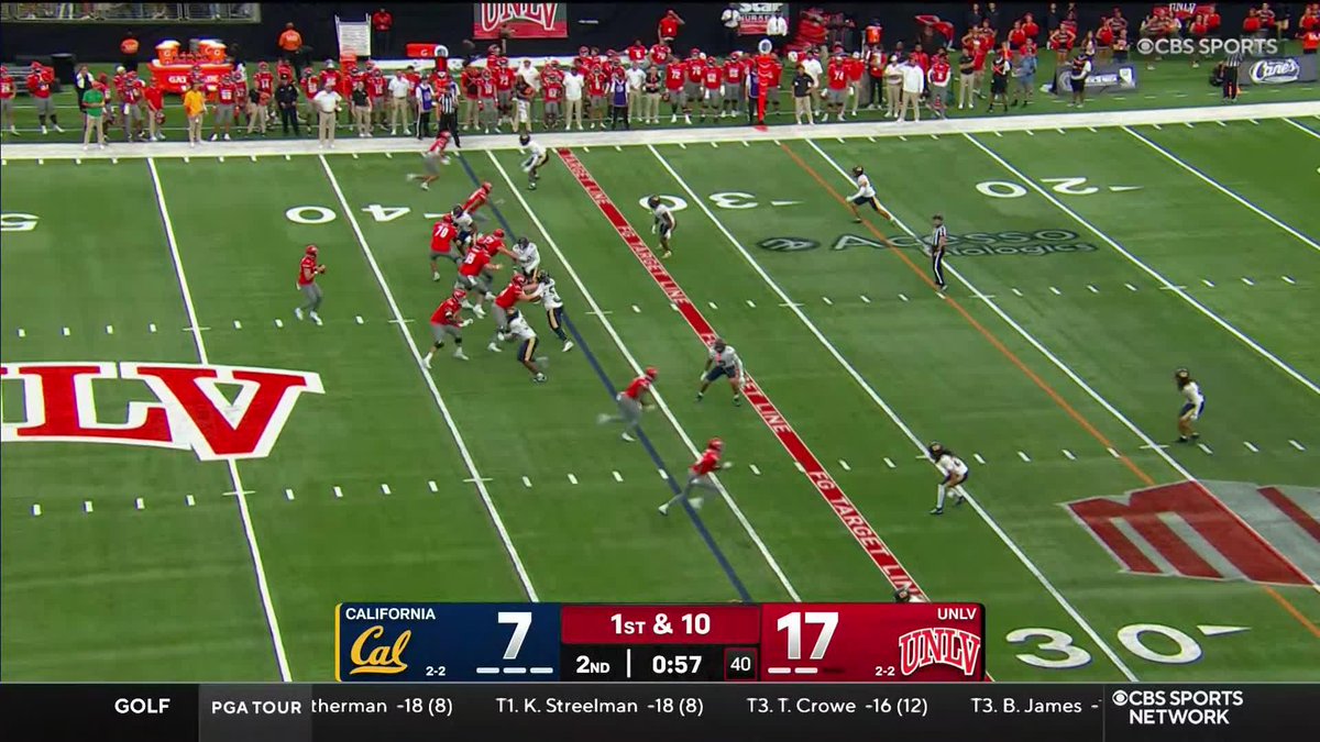 A football game between Cal (7) and UNLV (17) is shown with 57 seconds left in the 2nd quarter on a 1st & 10 play, consistent with the caption noting that UNLV (the Rebels/Rebs) has scored six more points to extend their lead on CBS Sports Network.