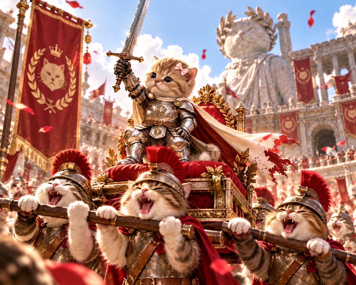 CatiusPump's tweet photo. catius maximus has discovered leadership.

step 1: be extremely small.
step 2: acquire sword.
step 3: make other cats carry you everywhere.

rome had emperors.
we have this guy. 🗡️🎀

$catius #catius #Solana https://t.co/OFwbh76oTu