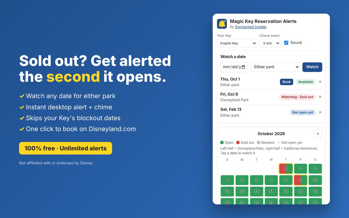 eiDisneyland's tweet photo. Tired of refreshing the Magic Key calendar all day just to snag a Disneyland reservation? 🔑

So I built a free Chrome extension that does the refreshing for you. Link below 👇 https://t.co/qJ9LFudkWG