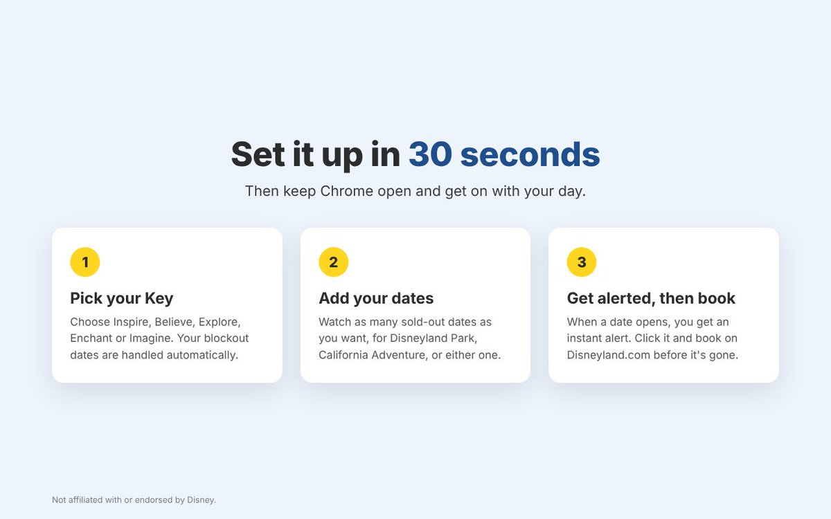 eiDisneyland's tweet photo. Tired of refreshing the Magic Key calendar all day just to snag a Disneyland reservation? 🔑

So I built a free Chrome extension that does the refreshing for you. Link below 👇 https://t.co/qJ9LFudkWG