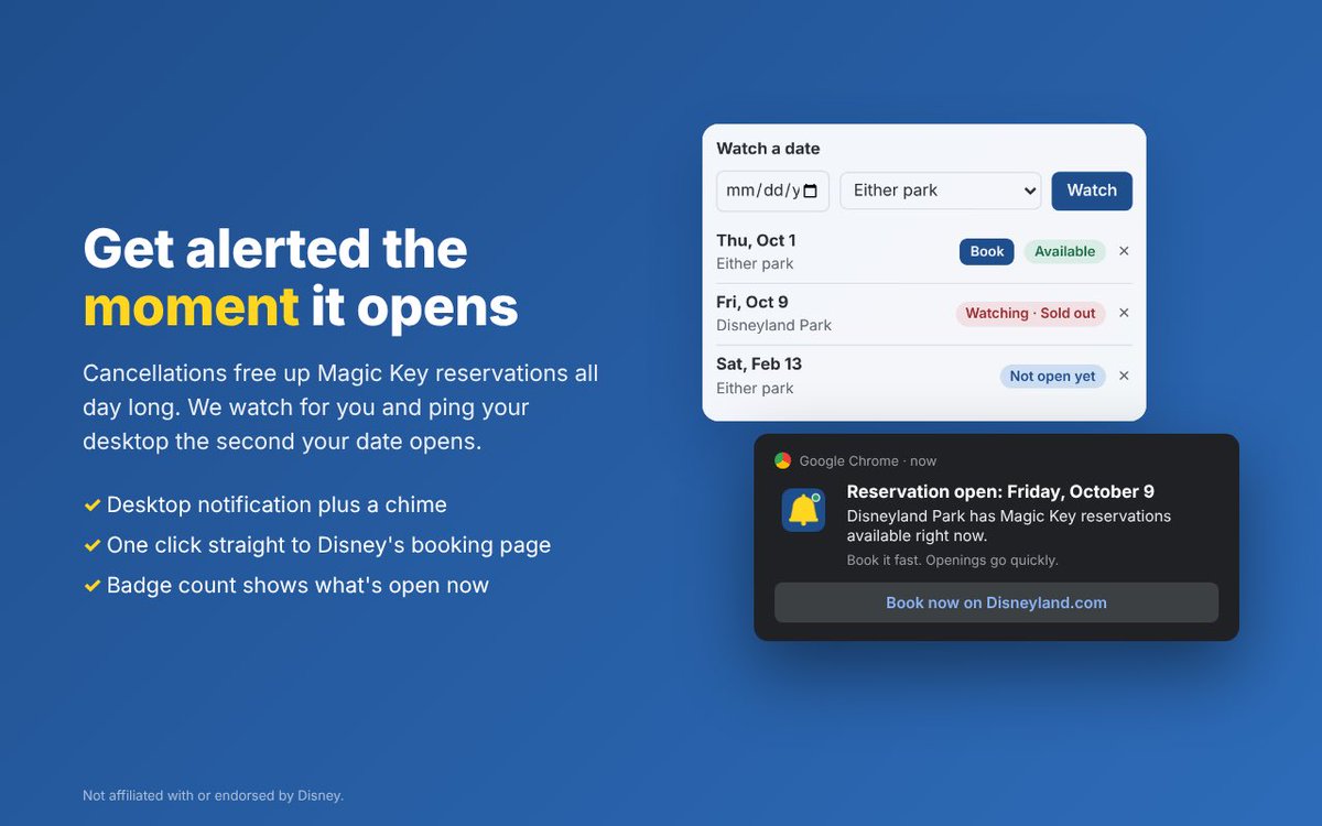 eiDisneyland's tweet photo. Tired of refreshing the Magic Key calendar all day just to snag a Disneyland reservation? 🔑

So I built a free Chrome extension that does the refreshing for you. Link below 👇 https://t.co/qJ9LFudkWG