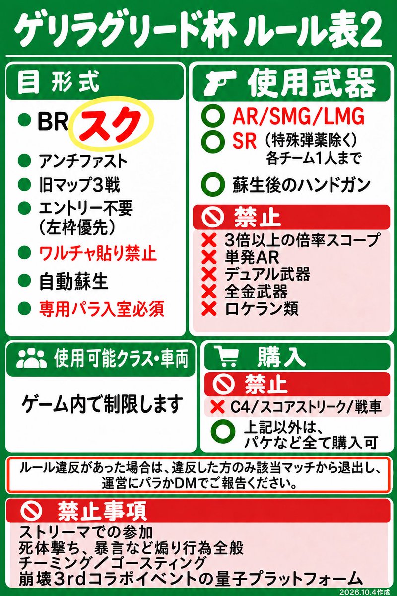 d2gk5b's tweet photo. 【ゲリラグリード杯】🐈‍⬛
誰でも参加OK（左枠優先）！ワルチャ貼り禁止。
参加者はプロフの専用パラへの入室必須です。

固ツイのルールを確認してください（デュオ・スク別）。違反管理がいない回もあります。
ルール・マナーを守れない方は参加をお断りする場合があります🙇‍♂️

楽しく遊びましょう！ https://t.co/OdAFau9ddW