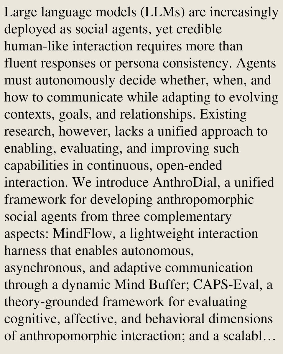 HEI's tweet photo. AnthroDial: Benchmarking LLM Anthropomorphism in Autonomous Social Interaction

Wentao Liu, Xi Chen, Siyu Song, Biao Yuan, Yu Zhang, Zhou Zhuotong, Jingying Zhou, Guohao Feng, Shasha Hu, Tianfu Wang, Shangshang Yang, Haoyang Liu, Youjia Li, …
https://t.co/lLa4bxlyT5 [𝚌𝚜.𝙲𝙻] https://t.co/Z3oWitjBpR
