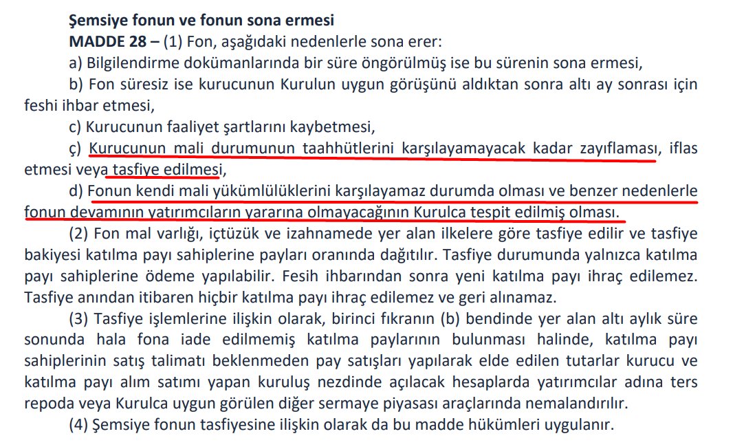 MagdurAvukat's tweet photo. SERMAYE PİYASASI KANUNU Yatırım Fonlarına İlişkin Esaslar Tebliği MADDE 28-29 
SPK TASFİYE KARARI HUKUKA UYGUN MU AYKIRI MI ?
EVET BAKTIĞIMIZ ZAMAN HUKUKA UYGUN ANCAK DAHA ÖNCE KURULUN BU ŞEKİLDE TASFİYE KARARI ALDIĞI BİR FON OLMADI https://t.co/tLYiSrEJll