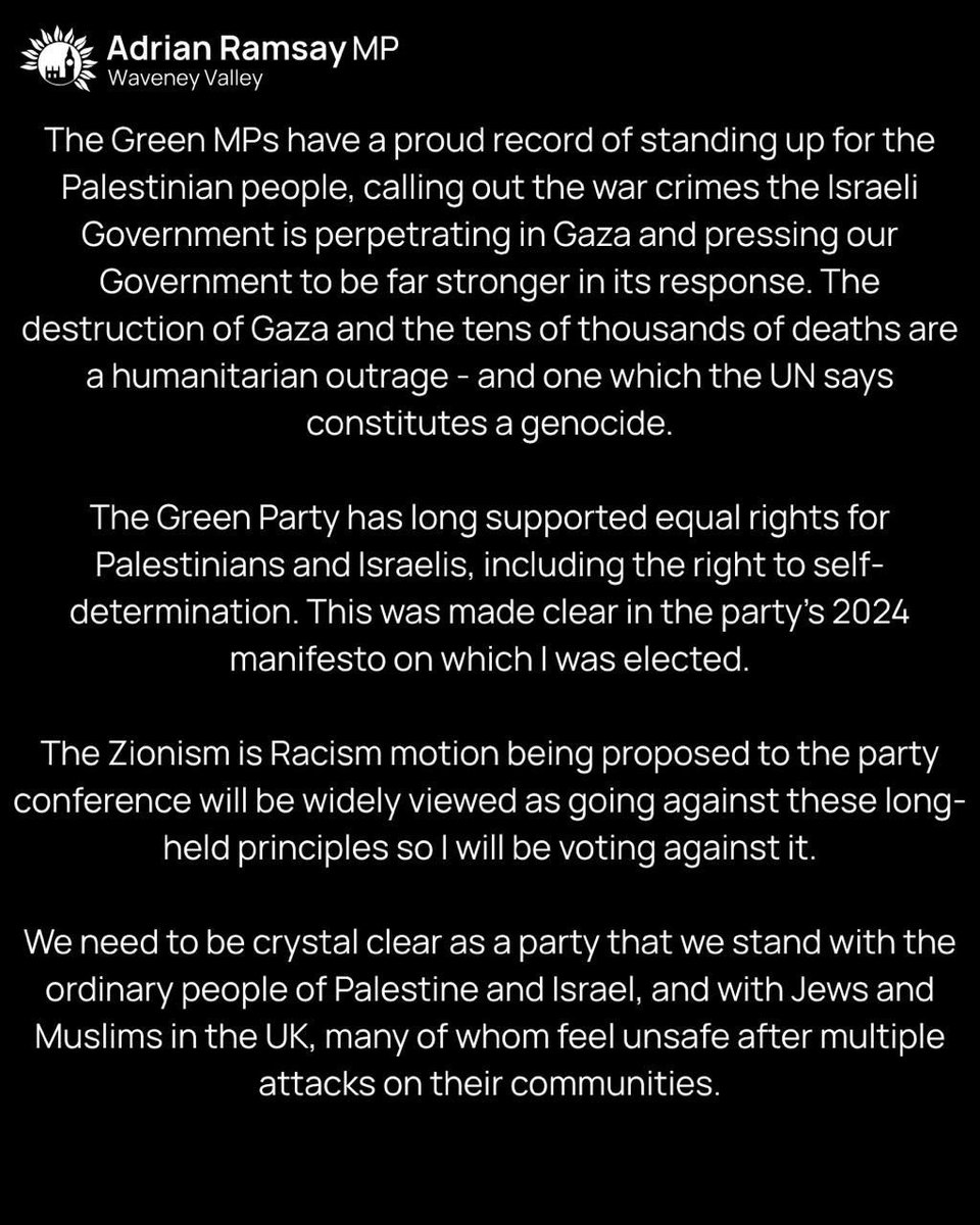 AdrianRamsay's tweet photo. My statement on motion E02, Zionism is Racism https://t.co/5ugiGCLkCZ