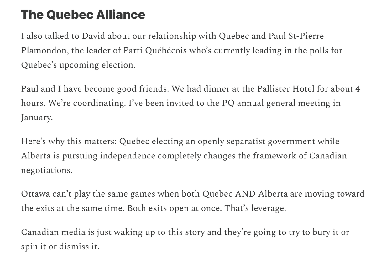 anniedufour99's tweet photo. « We’re coordinating » : ce que Plamondon ne dit pas de ses alliés albertains
Le PQ ferait  équipe avec les indépendantistes albertains, qui accueille à bras ouverts l’ingérence des  Américains .
Le Globe and Mail dévoile aujourd’hui que des stratèges républicains sont allés en Alberta pour aider le mouvement séparatiste qui, en retour de l’appui de Washington à son indépendance, a offert des intérêts dans l’eau potable et le pétrole de la province!
Or, Paul St-Pierre Plamondon collaborerait de près avec ce mouvement.
Dans un communiqué du 12 septembre 2025, Jeffrey Rath, un des leaders du mouvement APP, rapporte que le 11 septembre, PSPP est venu à Calgary pour une rencontre avec les trois meneurs du projet : lui-même, Mitch Sylvestre et le Dr. Dennis Modry.

Un rendez-vous survenu à la demande de Monsieur Plamondon, alors qu’il était déjà de notoriété publique depuis juillet  que l’APP demandait à l’administration Trump de les financer, à coup de 500 milliards- donc de s’ingérer

« Nous sommes tombés d’accord : le fédéral constitue une menace existentielle ! »

Il explique que Plamondon et l’APP feront front commun contre Ottawa et appuieront la Saskatchewan qui, inévitablement, les joindra dans la sécession.

Le chef du PQ, selon lui, aurait été agréablement surpris de la sophistication de leur appareil organisationnel.

« We are coordinating »

Fin janvier 2026.

Jeffrey Rath jubile : il écrit qu’il rencontre des hauts placés de l’administration Trump à Washington, qui vont directement de leur rencontre  avec les séparatistes albertains au bureau ovale...

Et, ajoute-t-il, Pierre (Plamondon) et moi, « we’re coordinating. »

“Nous sommes devenus bons amis. Nous avons partagé un souper de 4 heures au restaurant de l’Hôtel Palliser.”

C’est là que le calendrier commence à prendre toute son importance.

Que se passe-t-il en février ? À la suite des rencontres positives de son allié, Jeffrey Rath, à Washington,  PSPP commence à parler d’un voyage aux États-Unis.

Lien de cause à effet ? Il faut creuser.

Un politicien qui va en « voyage aux États-Unis », ce n’est pas pour faire du tourisme, s’amuser à Walt Disney ou admirer le Grand Canyon.

Non.

Il y va pour se faire des contacts, créer un réseau, bâtir des appuis.

Le consulat américain a affirmé à The Gazette que des rendez-vous ont été pris pour le mois de mars.

PSPP le nie.

Mais il ne nie pas le voyage !

Le Québec a le droit de savoir en quoi allait consister ce voyage et qui il allait rencontrer.

Ce n'est plus innocent, maintenant.

PSPP – qui collabore avec Rath, des dires de ce dernier– a-t-il bénéficié de son carnet d’adresses ? De ses contacts ?

Jusqu'où va sa collaboration avec eux ?

Le Québec a besoin d’avoir ces réponses avant de voter !

Car le parti albertain indépendantiste flirte avec la trahison, comme l’a révélé le reportage du Globe and Mail aujourd’hui.

En juin dernier, PSPP déclarait, sereinement,  garder contact avec eux, sachant l'ingérence financière et Trumpienne! N'est-ce pas une forme de caution implicite ?
Le manque d’honneteté  de PSPP sur la question de la visite américaine cette semaine  est troublante.

Il a de sérieux comptes à rendre.

Et rapidement!

#polqc #Qc2026