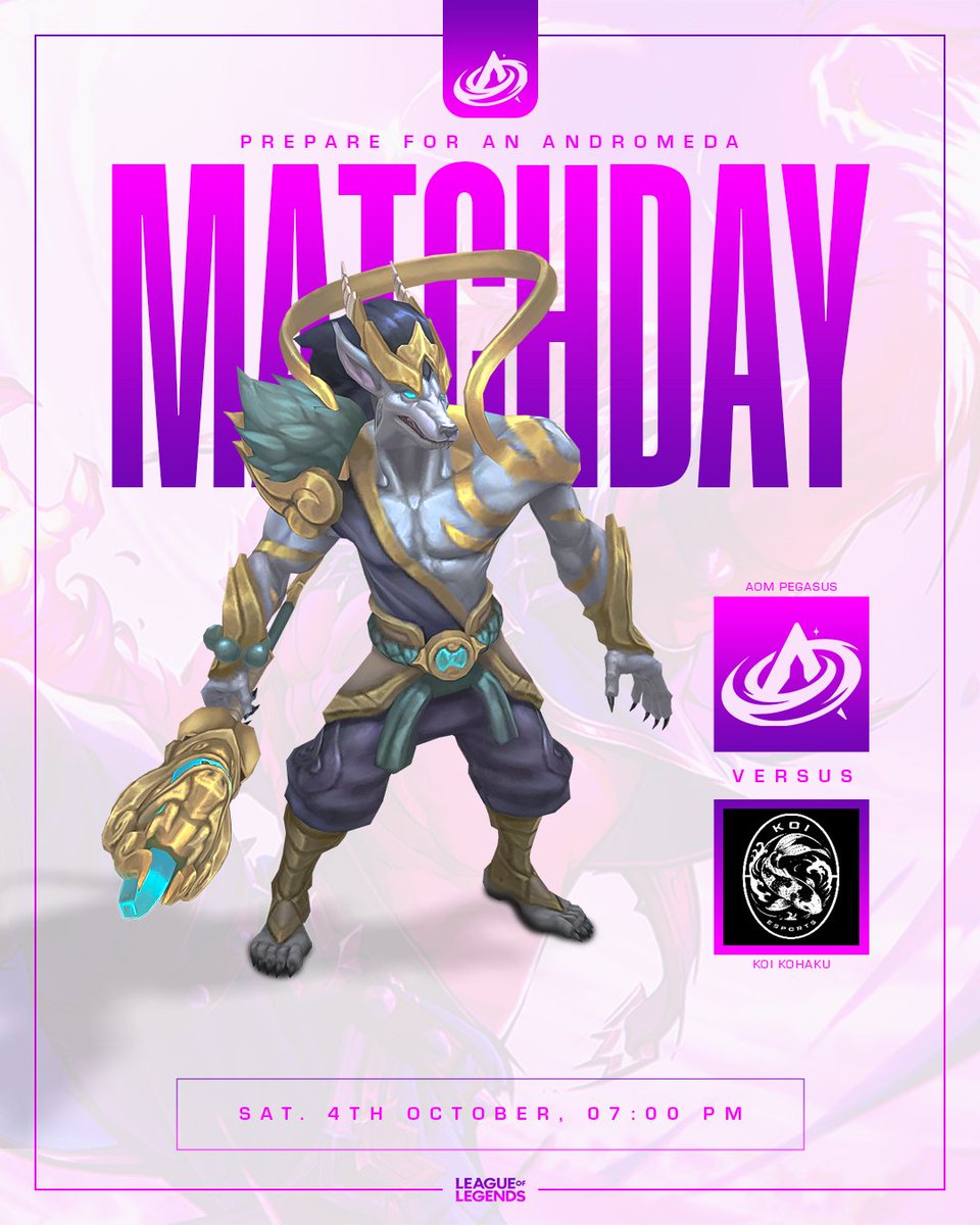 andromeda_lol's tweet photo. 🌌MATCHDAY SPIELTAG 1.
Division 7.31 und 7.7 Der neue Split startet auch für unsere Team @AOMParsec und @AOMPegasus
📅Sonntag, 04.10
⏰ 19:00 - 20:00 Uhr
Auch ohne Cast drücken wir unseren Teams die Daumen 💜🚀
#TKPRM #AOMWIN #Leagueoflegends #andromedalol #CalissieArt #lol #Team #Universum #Galaxy #demotedpigeons #KobuIT #evolupemedia #gamingacademy #propads #gamescomlan #gamescom