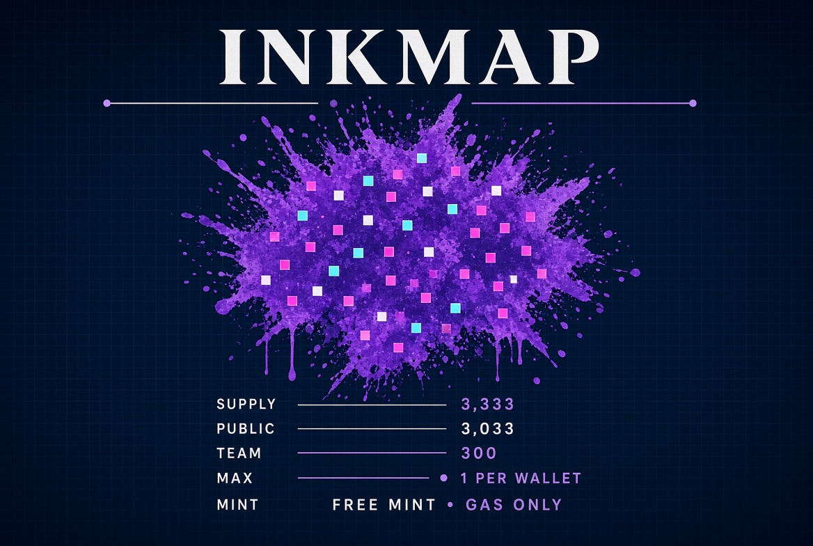 Inkmapdotfun's tweet photo. Inkmap mint structure

Free mint on @inkonchain No price. Gas only.

Supply: 3,333 Public: 3,033 Team: 300 Max: 1 per wallet

Mint opens soon. #Ink #InkChain https://t.co/nHiuC6L94W