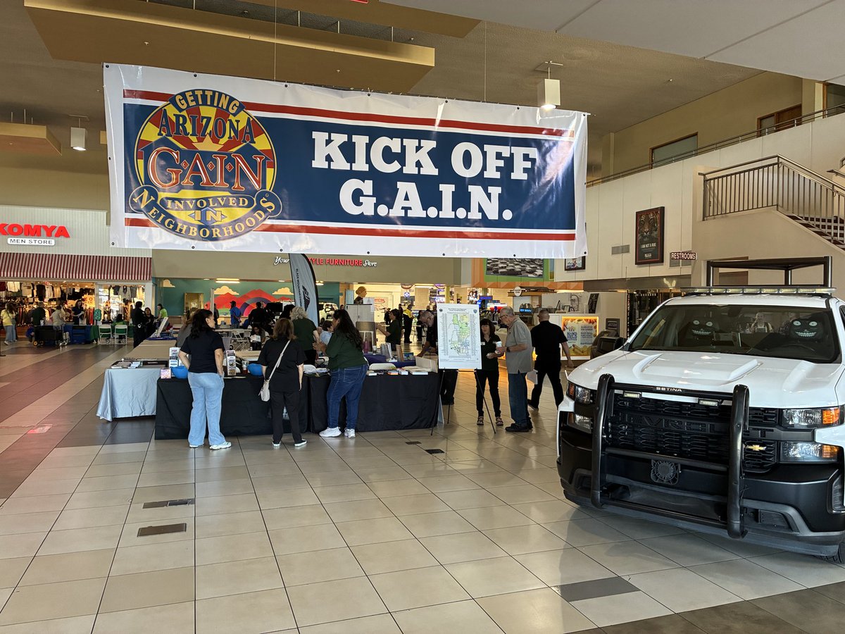 KateMcGeeAZ's tweet photo. It was a great day at the G.A.I.N. Kickoff event at Christown Spectrum Mall! There are so many community groups, law enforcement officers, and organizations who care deeply for their neighborhoods. Thank you to everyone for getting involved. Consider attending a G.A.I.N. event.

https://t.co/K0JeE9enWy