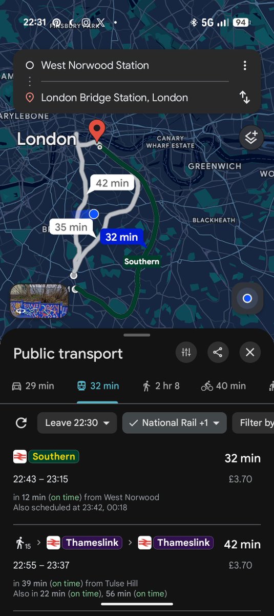 kingrishaun's tweet photo. Look at the time difference...it takes 1 minute 45 seconds from Norwood Junction to London Bridge.

Look how long it takes from West Norwood (which is much closer)

Platform 9 &amp;3/4s

#Seidr⚪⬜🤍 https://t.co/zbTW47bZRp