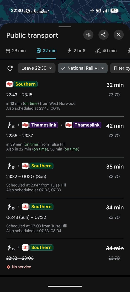 kingrishaun's tweet photo. Look at the time difference...it takes 1 minute 45 seconds from Norwood Junction to London Bridge.

Look how long it takes from West Norwood (which is much closer)

Platform 9 &amp;3/4s

#Seidr⚪⬜🤍 https://t.co/zbTW47bZRp