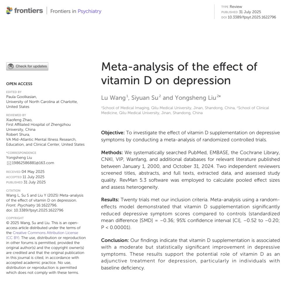 alexeixbt's tweet photo. vitamin D crushes depression: in a landmark study with over 7000 middle aged adults, high levels of vitamin D were associated with 43% lower depression and 67% lower panic. https://t.co/qB938pxVvK