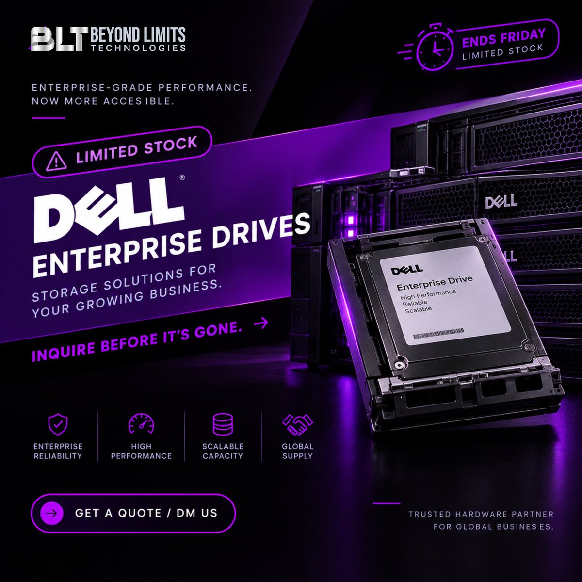 Bltech2026's tweet photo. Limited stock. Enterprise performance. No time to wait.

📦 Limited stock available
💼 Bulk orders welcome
🌎 Global supply &amp; support

Don’t wait until your required drives are gone. DM us or request a quote today.

#BeyondLimitsTechnologies #DellEnterprise #EnterpriseStorage https://t.co/oW7bl5JL41