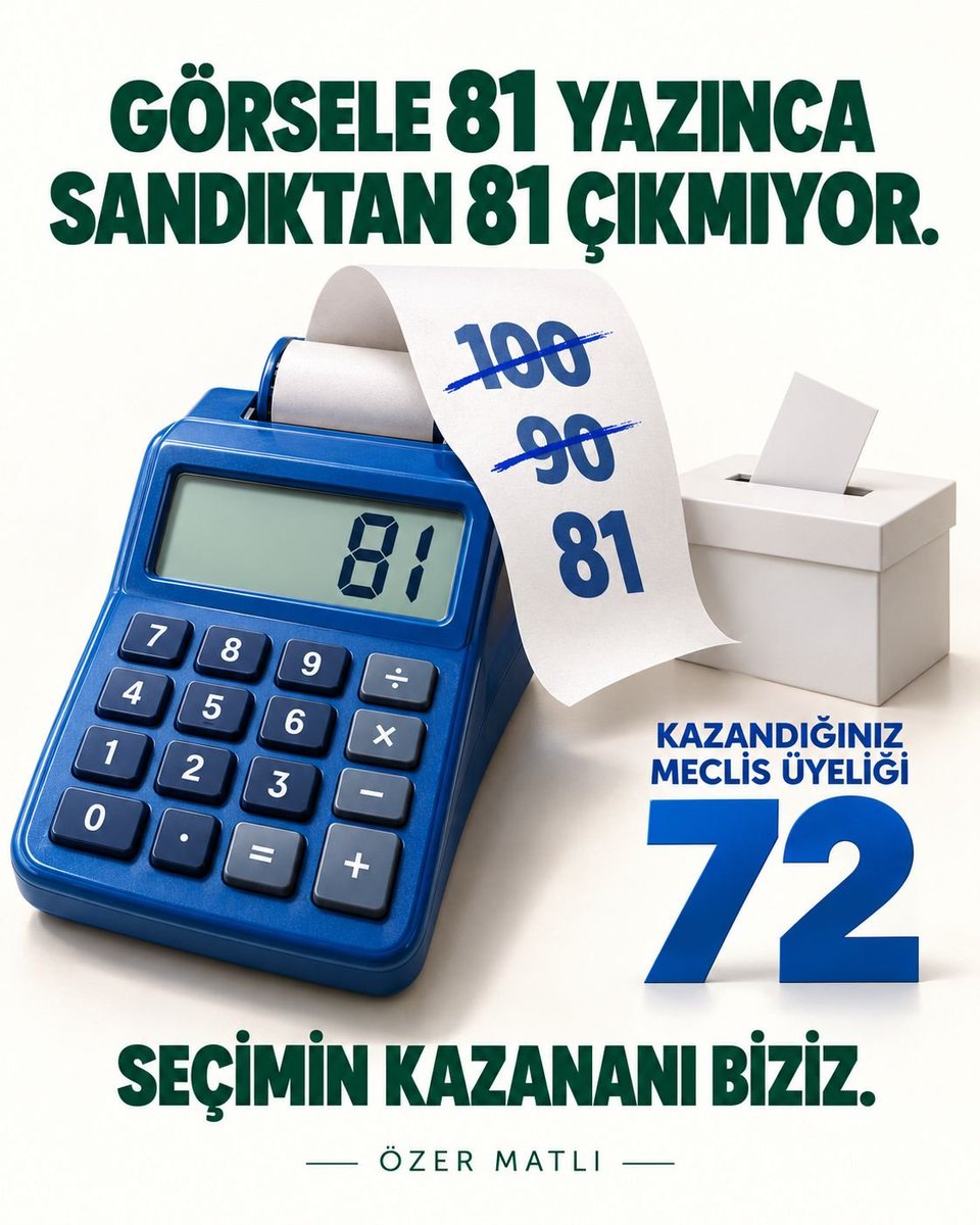 OzerMatl's tweet photo. Önce 100 meclis üyesi dediniz. Sonra 40–30 komite hesabıyla yaklaşık 90… Şimdi 81… Gerçekte ise 72 meclis üyeliği kazandınız. Her gün başka rakam, her gün başka bir çoğunluk hikâyesi. Görsele 81 yazınca sandıktan 81 çıkmış olmuyor. 

İlçe Seçim Kurulu'nun onayladığı tutanaklar ortada. Tüm itirazlar yapıldı. Sonuç değişmedi. 

Seçimin kazananı biziz. Bu çok net.

Seçilmiş meclis üyelerinin özgür iradesini parayla, baskıyla satın alamazsınız. Bursa’yı bilirim; böyle hesaplarla belki 7–10 oy bulursunuz. O da kendi oylarınız. Diğer tüm Meclis üyelerimiz onurludur, Bursa için çalışmaya isteklidir. Hepsi ile omuz omuza çalışacağız. Bunu göreceksiniz. Herkesi aynı kefeye koymayın, bütün meclisin iradesini cebinizde sanmayın.

Hz. Mevlana’nın da dediği gibi “Bizi bilen bilir, bilmeyen de kendi gibi bilir”. Bizden size ekmek, sizin zihniyetinize de Bursa iş dünyasından oy çıkmaz. 

Bursa Ticaret ve Sanayi Odası’nın itibarını koltuk hesabınız uğruna daha fazla düşürmeyin. Üyemizin sandıkta ortaya koyduğu iradeye saygı gösterin.