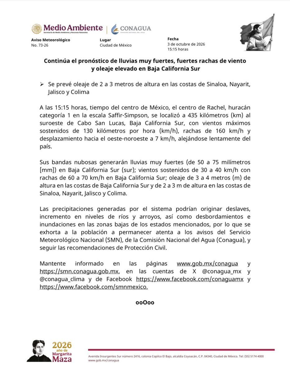 conagua_mx's tweet photo. #AvisoMeteorológico

El @GobiernoMX informa que continúa el pronóstico de lluvias muy fuertes, rachas de viento fuertes y oleaje elevado en #BajaCaliforniaSur. 
 
También se prevé oleaje de 2 a 3 metros de altura en las costas de #Sinaloa, #Nayarit, #Jalisco y #Colima.

Más información: https://t.co/5LK8AAJDw8