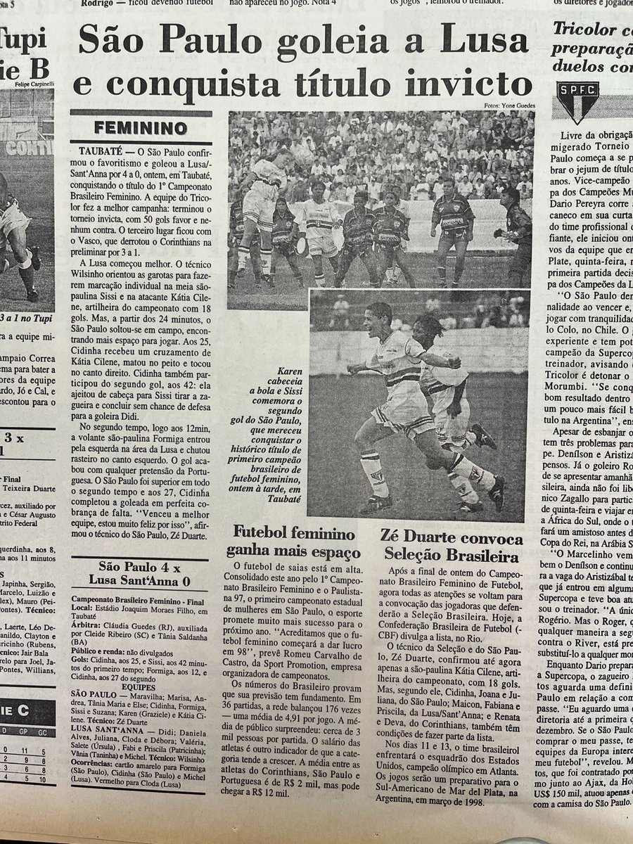 jogosspfc's tweet photo. São Paulo campeão brasileiro feminino… de 1997 também!

📰 Diário Popular, 1/12/1997 https://t.co/7wYv9z7GHy