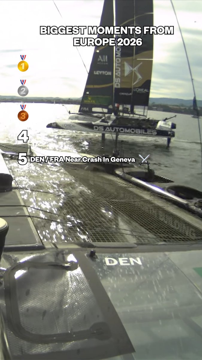 A view from a Denmark (DEN) SailGP F50 catamaran shows it nearly colliding with France (FRA) in Geneva, ranking as the #5 biggest moment from Europe 2026 in a tally topped by Germany (#1), USA (#2), and Spain (#3).
