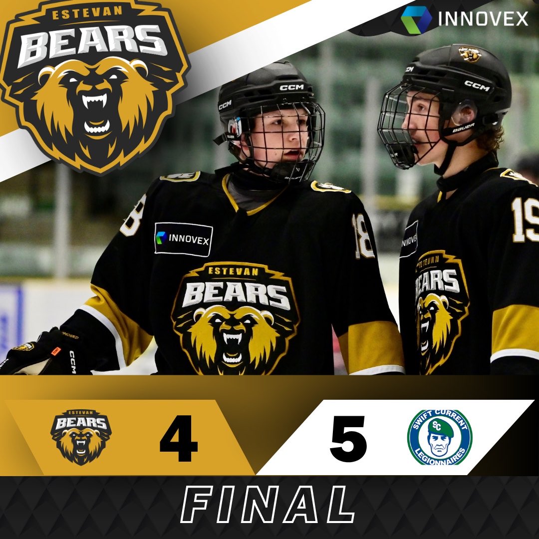 EstevanBears's tweet photo. Bears fall 5-4 to Swift Current after a high-scoring 3rd period. Shots 35-34 EST.

🥅 R. Daviduk (29/34)
🚨 J. Watson - J. Hanson, L. LaBreche
🚨 C. Hryciuk - J. Sedor
🚨 C. Mitschke - M. Bryksa, N. Jeworski
🚨 J. Sedor - E. Beaudin, J. Robinson (PP)

📸 Wanda Harron Photography https://t.co/SvnJOdDRKO