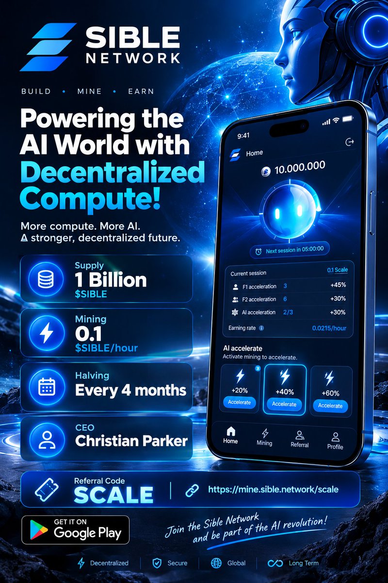 Earl011289's tweet photo. 🚀 SIBLE NETWORK — Powering the AI World with Decentralized Compute!

🪙 Supply: 1 Billion SIBLE
⛏️ Mining: 0.1 SIBLE/hour
🔥 Halving: Every 4 months

👨‍💼 CEO: Christian Parker

🎟️ Referral Code: SCALE

🔗 https://t.co/yLngHzEfIy

Verified ✅⚡ https://t.co/UGmLCe82D8