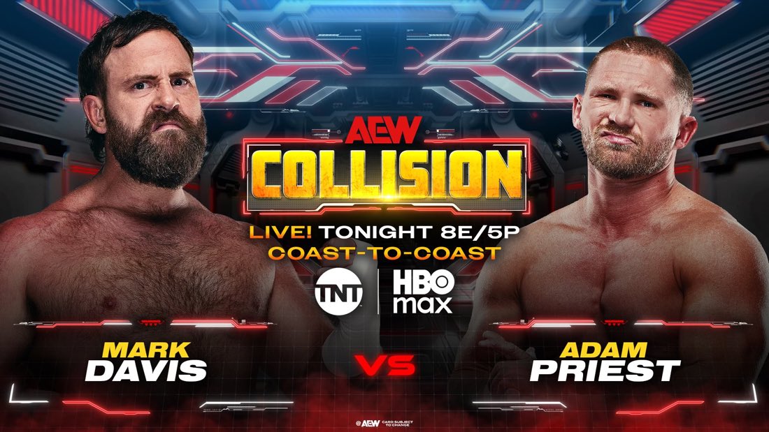 WrestlePurists's tweet photo. 🚨 JUST ANNOUNCED 

Mark Davis vs. Adam Priest tonight on AEW Collision!

#AEWCollision https://t.co/LI2cNreh7g