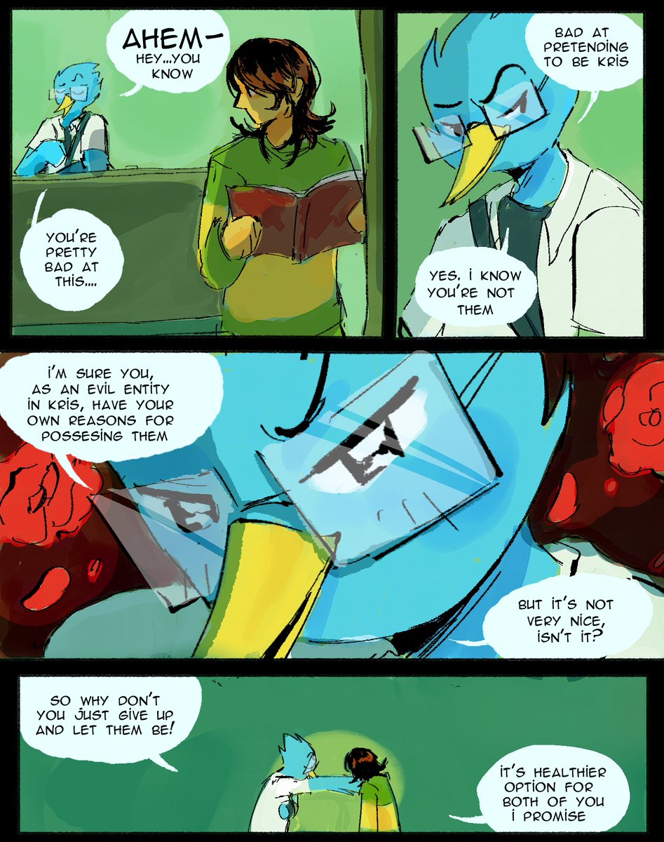 duffbion's tweet photo. Part 4 this one is a bit longer 1/2 #deltarune #delatrunecomic #kris #berdly #kerdly https://t.co/Xllk8uhTpW