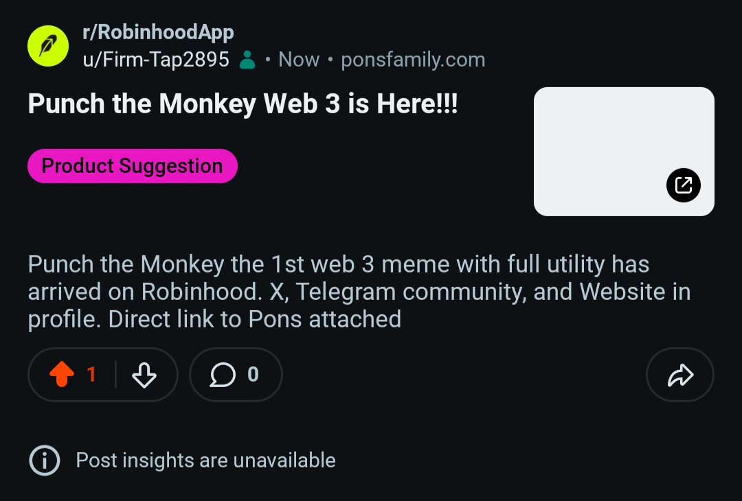 RobinhoodPunch's tweet photo. Punch the Monkey is now officially on Reddit!! We're expanding as fast as possible to get the most reach n community support we can. Punch will be trending in Robinhood wallet, Gecko Terminal, and CMC very soon 💲💲🚀🚀 https://t.co/oQyRyLaNTI