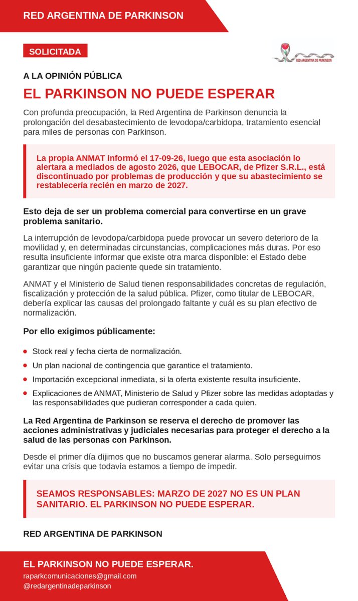 Redargparkinson's tweet photo. @radiomitre 🚨 URGENTE 🚨
EL PARKINSON NO PUEDE ESPERAR
Con profunda preocupación, denunciamos la prolongación del desabastecimiento de #LevodopaCarbidopa , tratamiento esencial para miles de personas con Parkinson. 
#Parkinson #Lebocar  #ANMAT 
GRACIAS @emipinsonok https://t.co/Q9SzhBnFD6