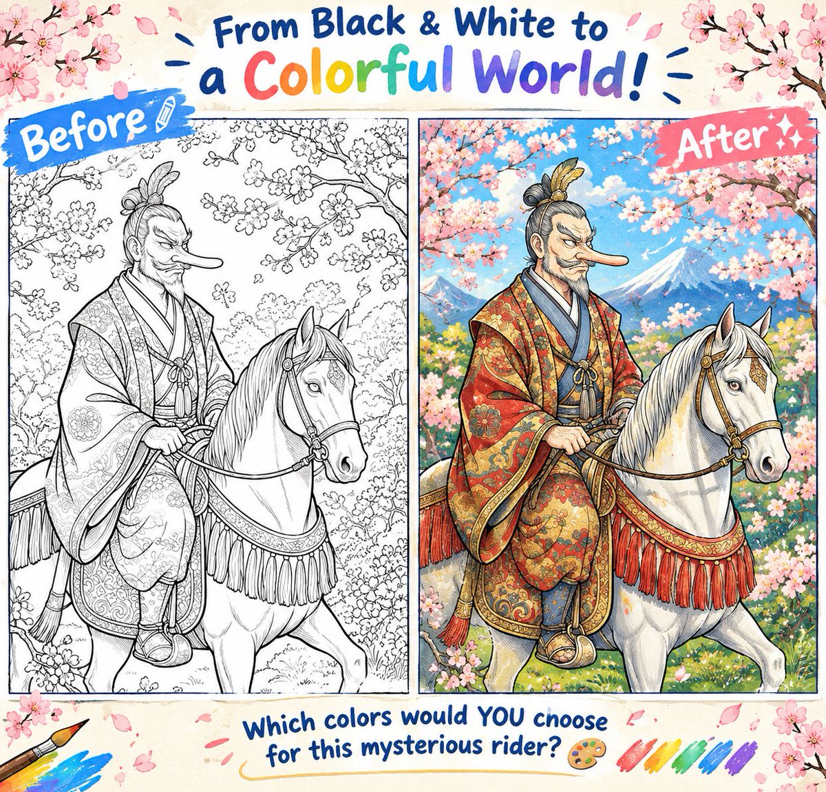 JapanYokaiColor's tweet photo. Before → After 
What happens when a Japanese Tengu comes to life in color?  
From detailed black-and-white line art to a vibrant spring scene filled with cherry blossoms and Mt. Fuji. 🗻🌸
Which do you prefer — Before or After?👇 
 #Tengu #JapaneseYokai #Yokai #Coloring #Japan https://t.co/nd1Xi7HkDZ
