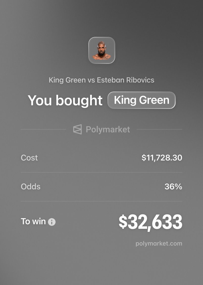 ChampRDS's tweet photo. 🚨 Someone just put $11,728 on King Green to WIN vs Esteban Ribovics tonight

This pays out $32,633 on Polymarket 👀 https://t.co/tjUplGW5EO