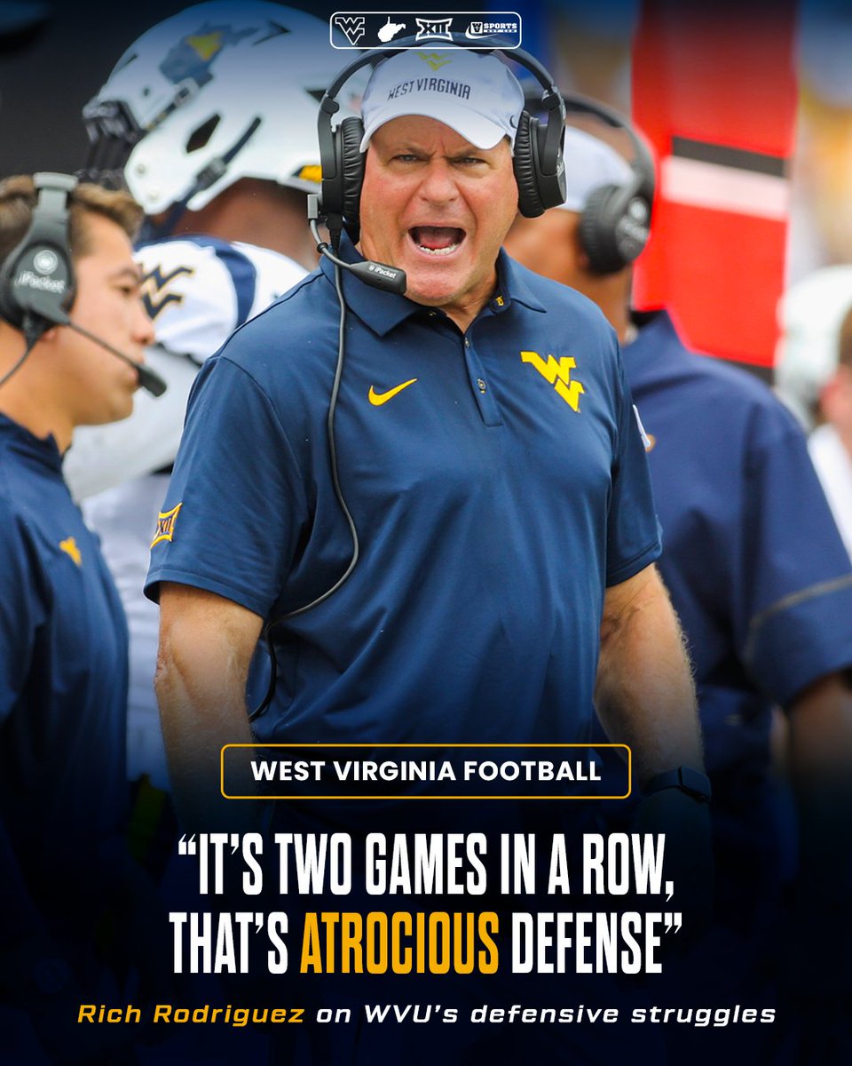 WVSportsDotCom's tweet photo. #WVU has allowed 86 points and 1,186 yards through its first two Big 12 games.

Rich Rodriguez is challenging the players and staff to get the defensive issues fixed.

Read ▶️ https://t.co/BYsrHlpXMz https://t.co/ZidBiPHVKt