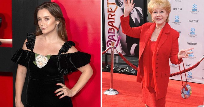A split image showing two women: on the left, a younger woman in a black velvet off-shoulder dress with a rose detail, and on the right, an older woman in a bright red suit waving on a red carpet event.