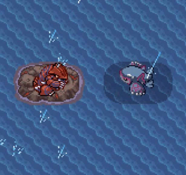 A pixel art scene showing two creatures, one red and one gray, floating on blue water.