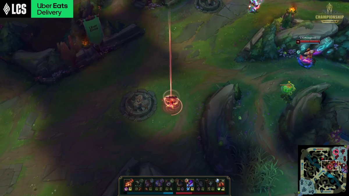 A champion with the banner "LYON Inspired" and level 16 indicator stands in the jungle, while a red laser beam targets another champion in the center of the map during this LCS Championship match. The scene reflects the post's message that reigning champions should never be counted out, as the level 16 player holds a significant power advantage.